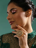 Gold-Polished White Kundan Studded Adjustable Finger Ring - Ruby Raang