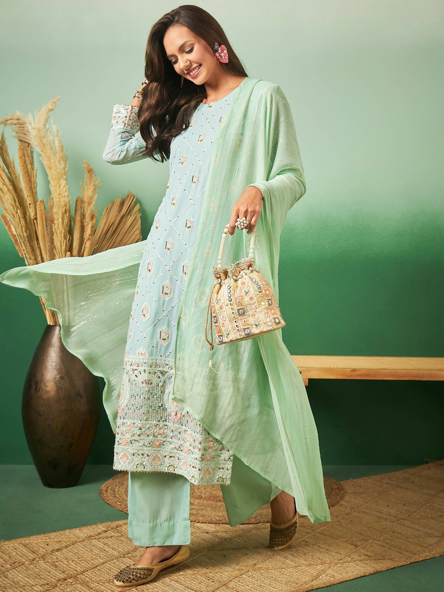 Sea Green Georgette Handwork Unstitched Dress Material - Hanika