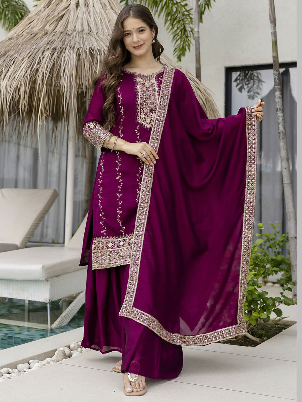 The52 Wine Beautiful Embroidered Vichitra Silk Fabric Straight Kurta, Palazzo and Dupatta Set