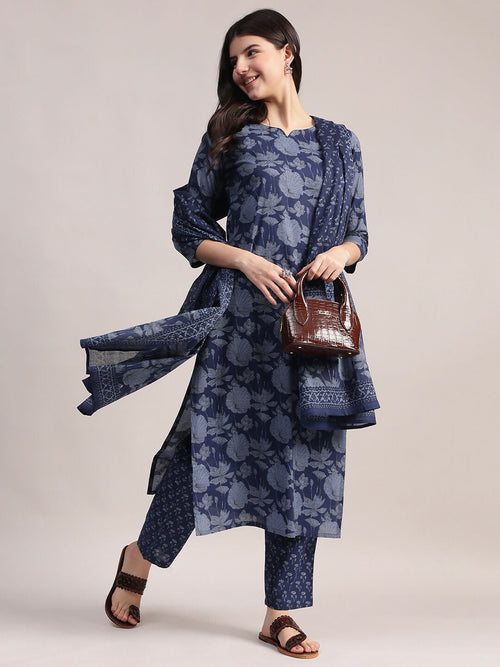 Aavyora Women's Floral Printed Indigo Blue Cotton Straight Kurta With Trouser & Dupatta