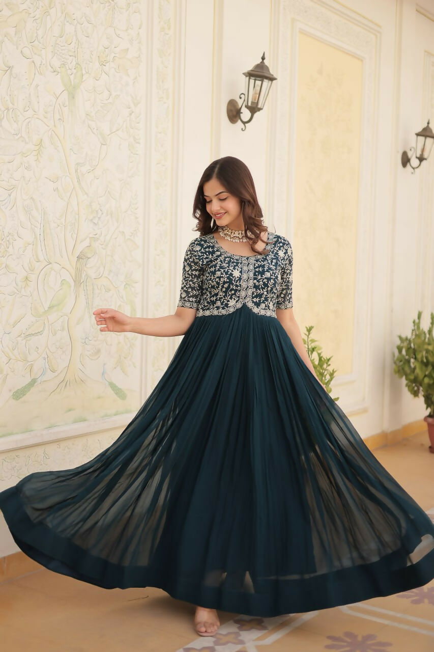 Vastranavya Faux Blooming with Embroidery Zari Sequins-work Gown - Teal