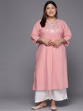 Sztori Plus Size Floral Embroidered Round Neck Cotton Straight Kurta