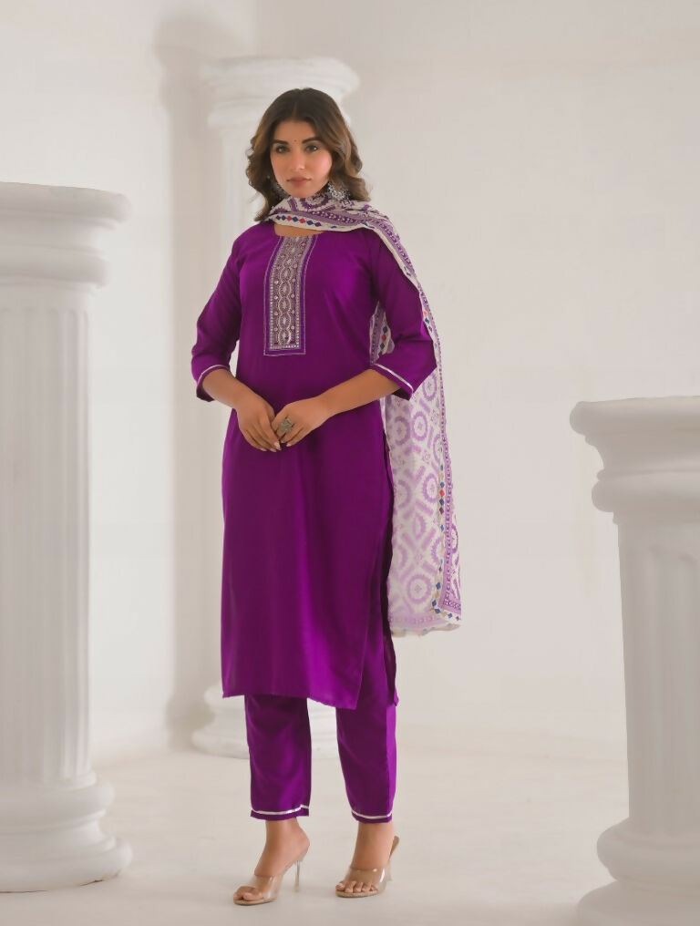 Festive Ethnic Viscose Chanderi Purple Stitched Suit With Dupatta - Rashmika