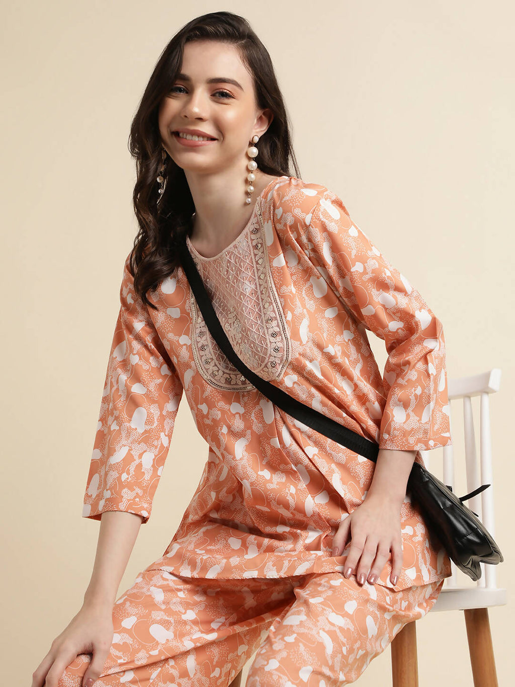Orange Poly Crepe Digital Printed Top with Matching Bottom - Preeti