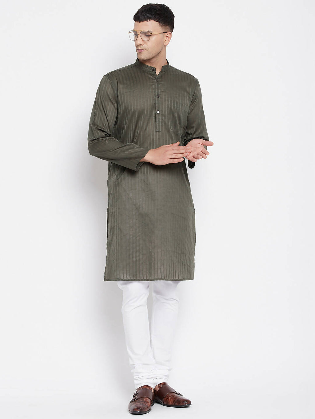Even Apparels Green Men's Pure Cotton Kurta With Band Collar