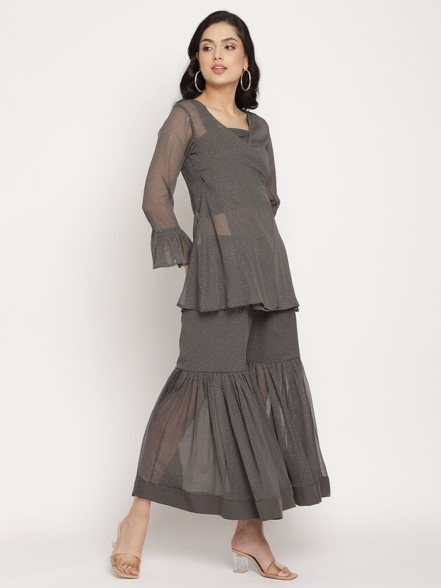 Ahalyaa Women Charcoal Grey Poly Chiffon Angrakha Kurta with Inner & Sharara