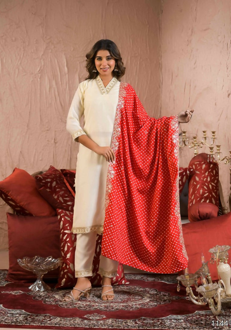Ethnic Festive Wear Reyon Slub Off White Stitched Suit With Dupatta - Tanisha