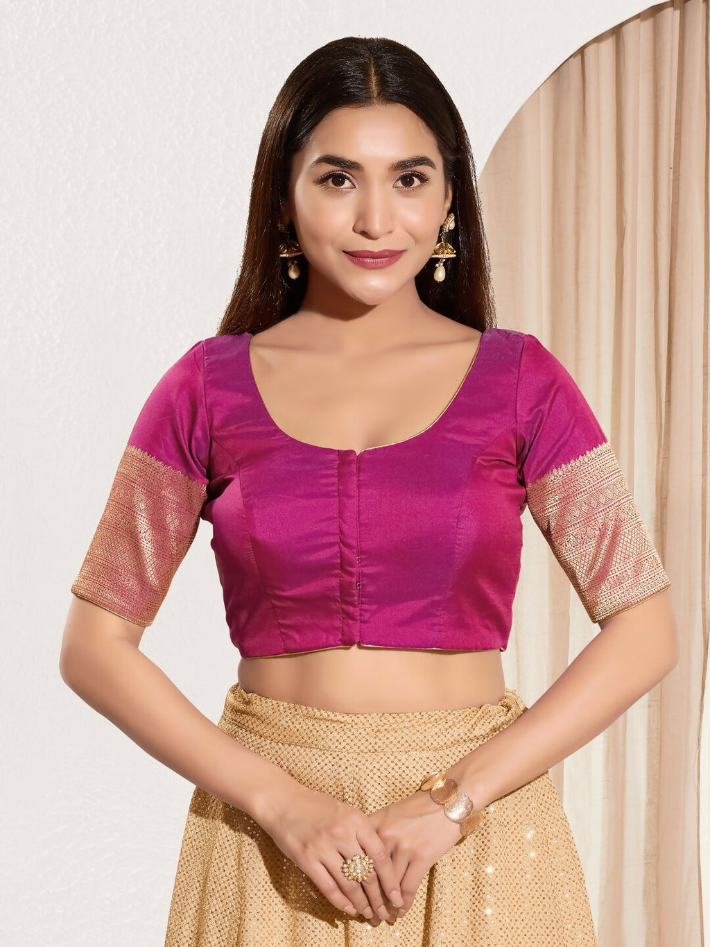 Joban Fashion Purple Taffeta Silk Padded Blouse With Round Neck Elbow Sleeves