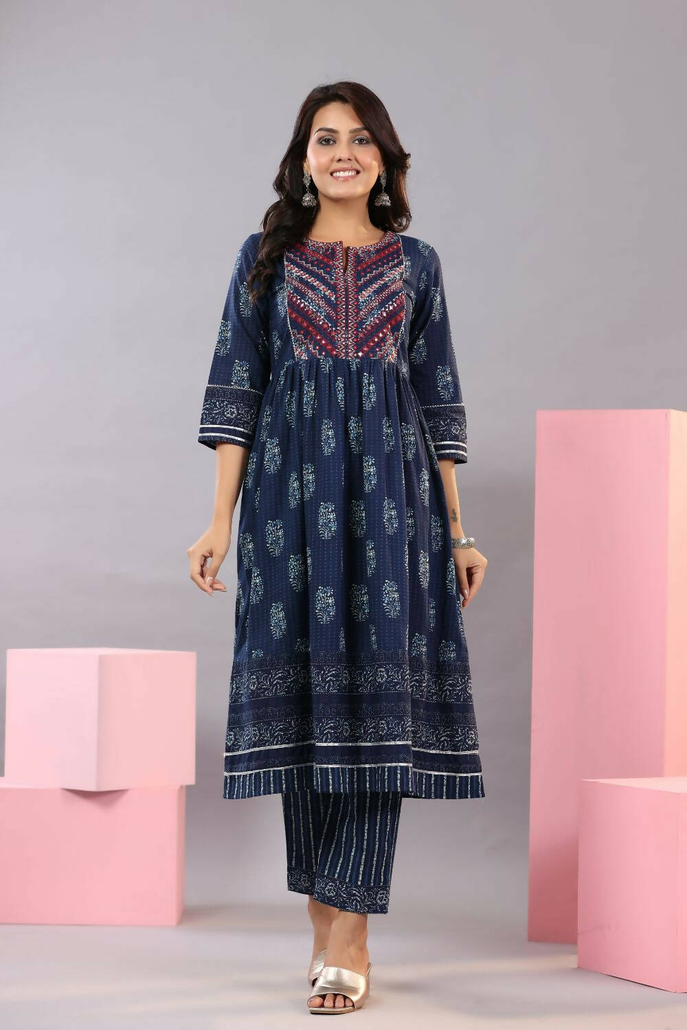 Juniper Women Indigo Cotton Cambric Batik texture Printed Kurta, Pants and Dupatta Set