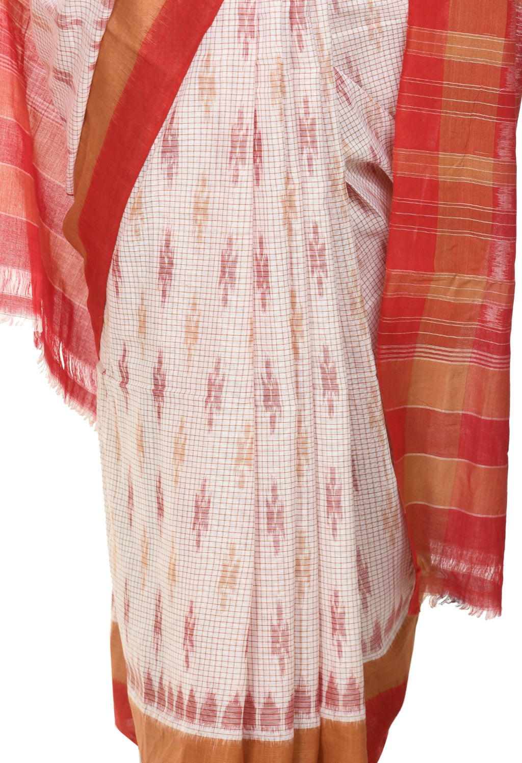 Vamika Sambalpuri Ikat Cotton Dehabandha Badafula White & Light Red Saree