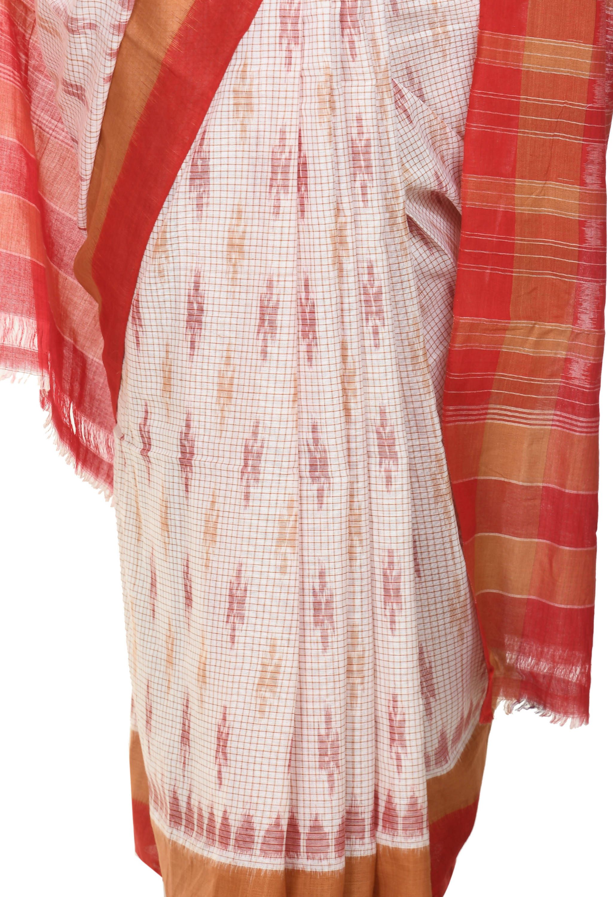 Vamika Sambalpuri Ikat Cotton Dehabandha Badafula White & Light Red Saree