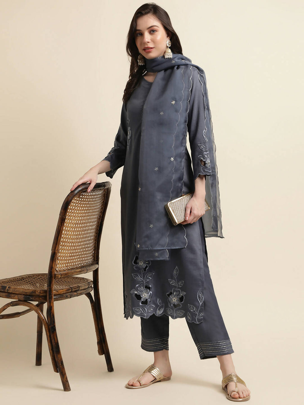 Grey Chinon Silk Embroidered Straight Kurta with Trouser & Dupatta - Salimar