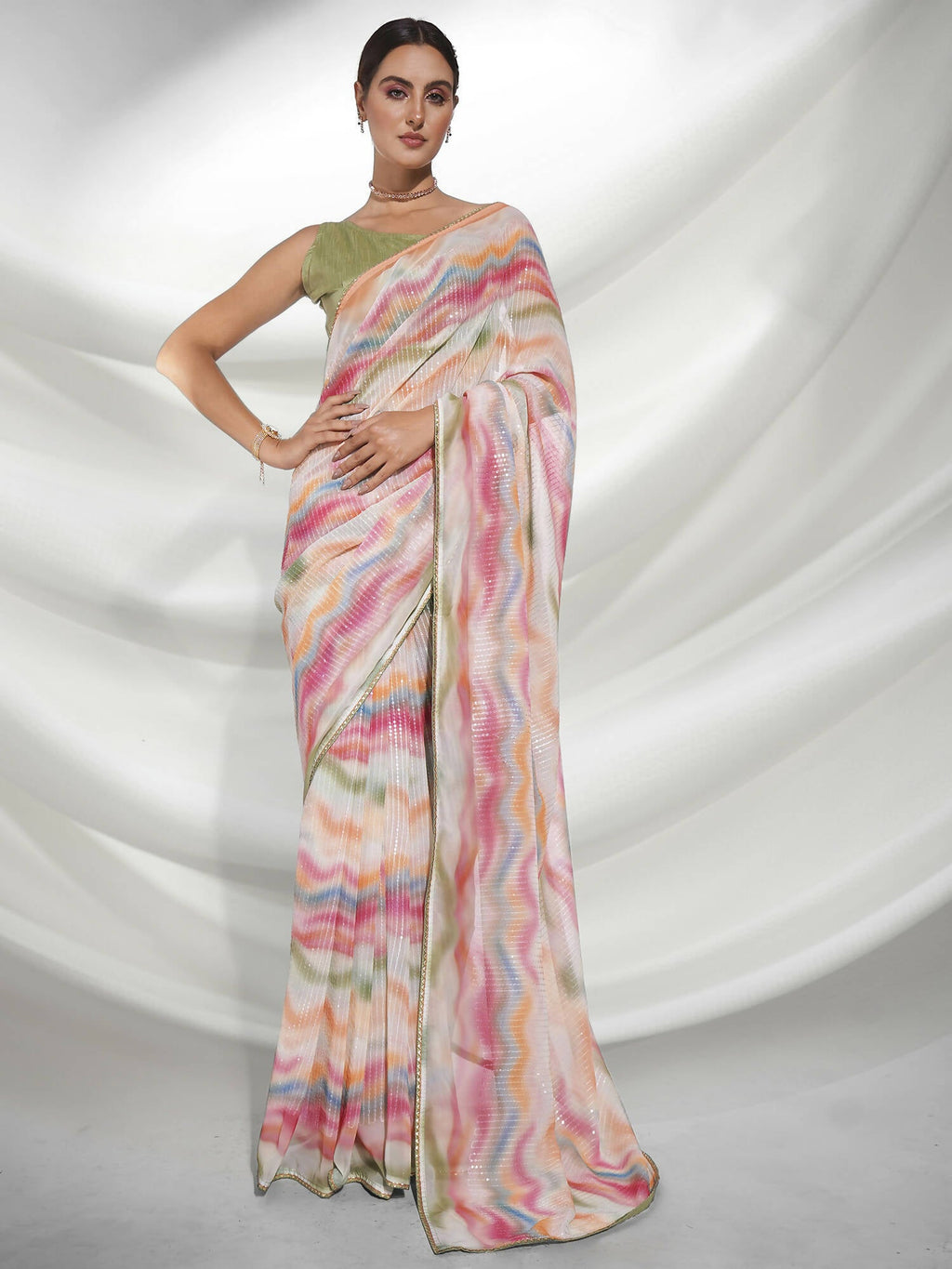 Pink Georgette Sequence Embroidery Saree With Unstitched Blouse Piece - Rajal