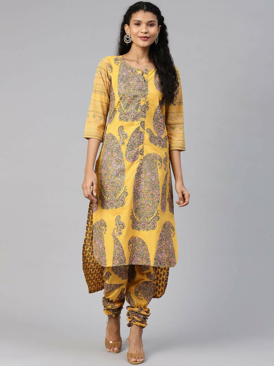 Ahalyaa Women Mustard Crepe Printed Kurta Churidar Set