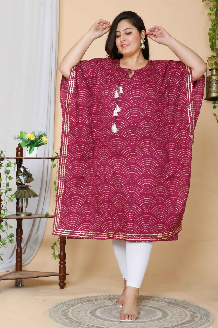 Miravan Women's Plus Size Magenta Bandhani Printed Cotton Kaftan Kurta