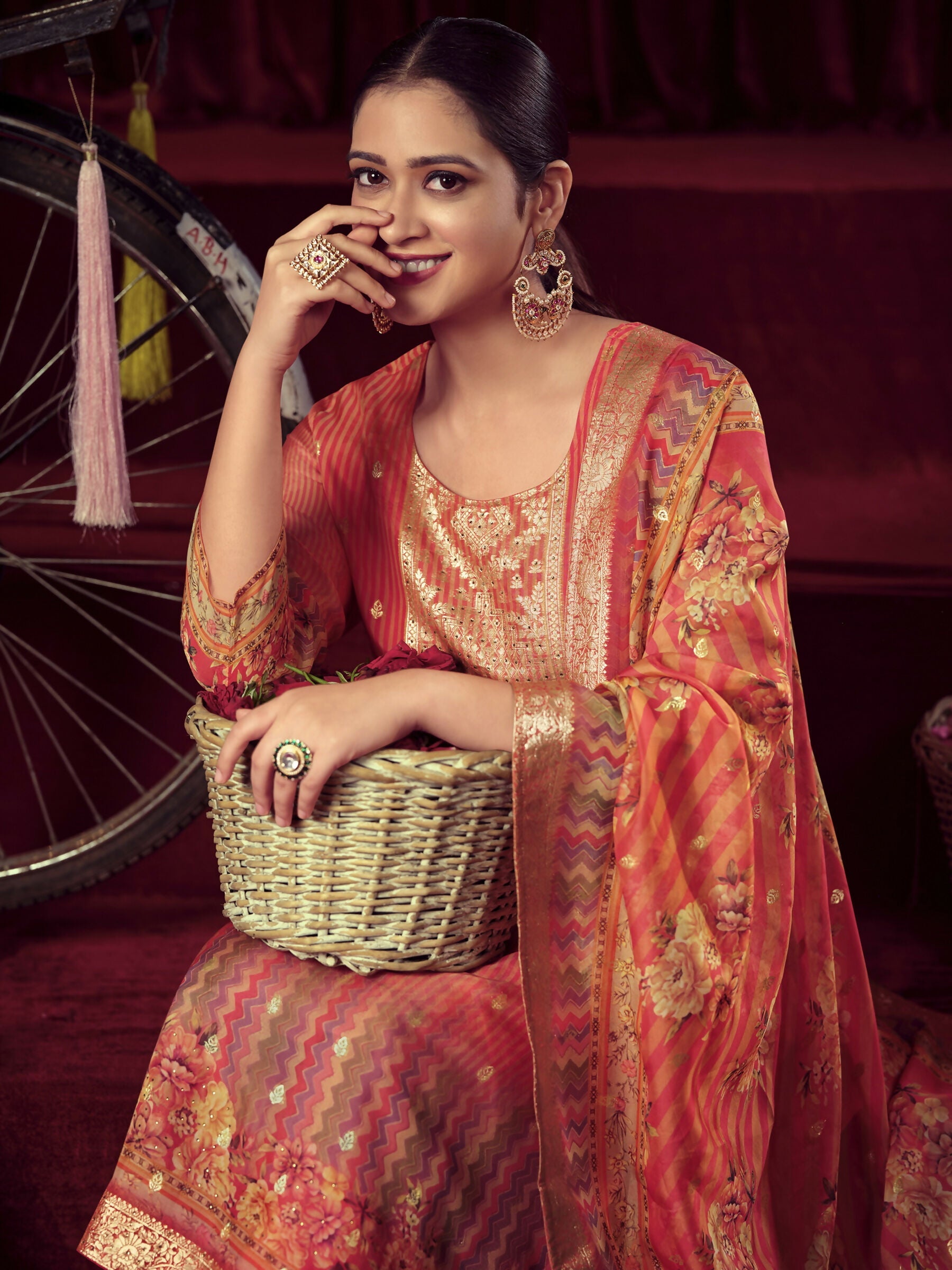 Jyoti Fashion Women's Orange Organza Jacquard Woven Kurta with Trouser & Dupatta