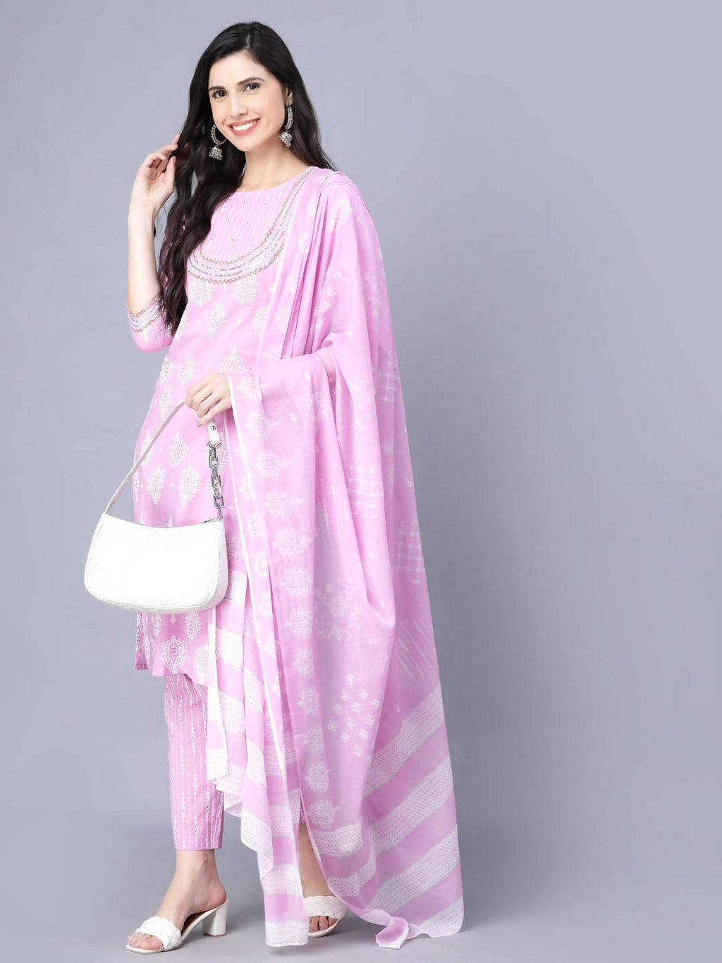 Myshka Cotton Printed 3/4 Sleeve Round Pink Women Kurta set