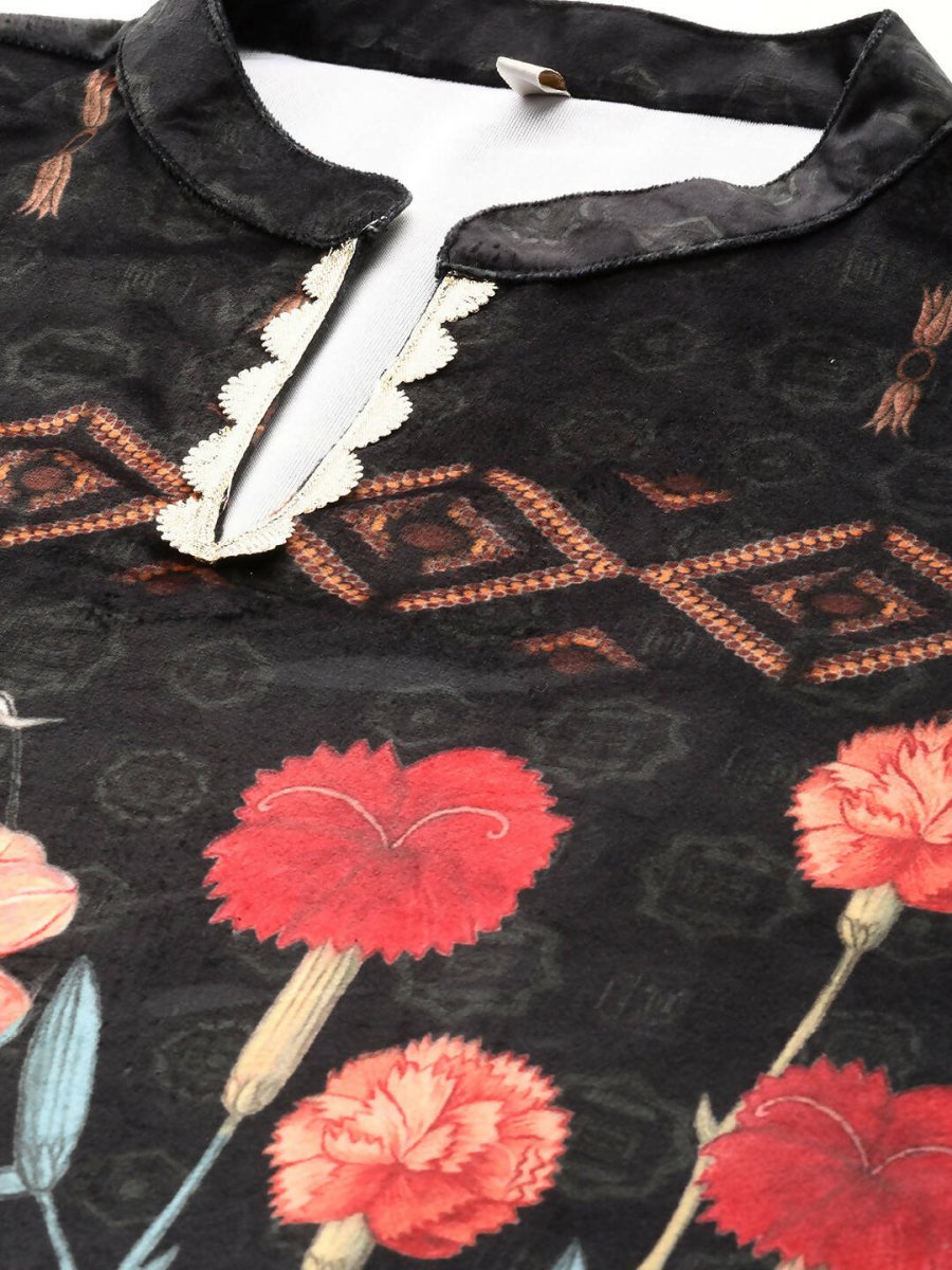 Ahalyaa Women Black & Red Floral Printed Gotta Patti Floral Velvet Kurta