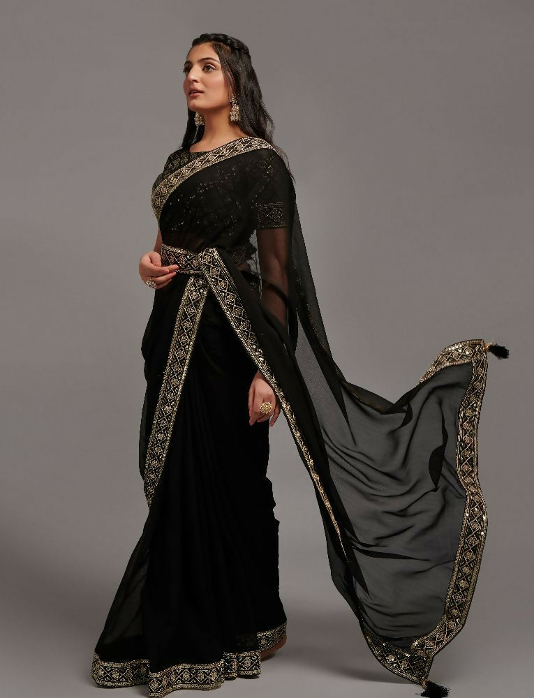 PR Fashion Black Zometo Embroidery Lace Saree