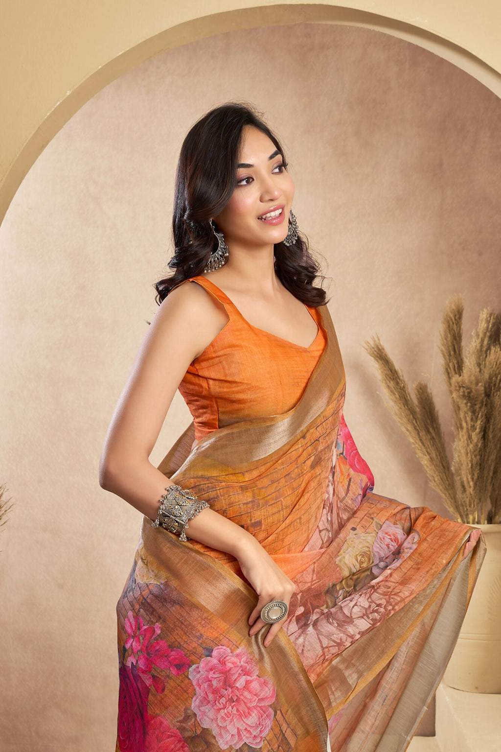 Vastranavya Orange Digital Printed Linen Ready To Wear Designer Saree with Unstitched Blouse