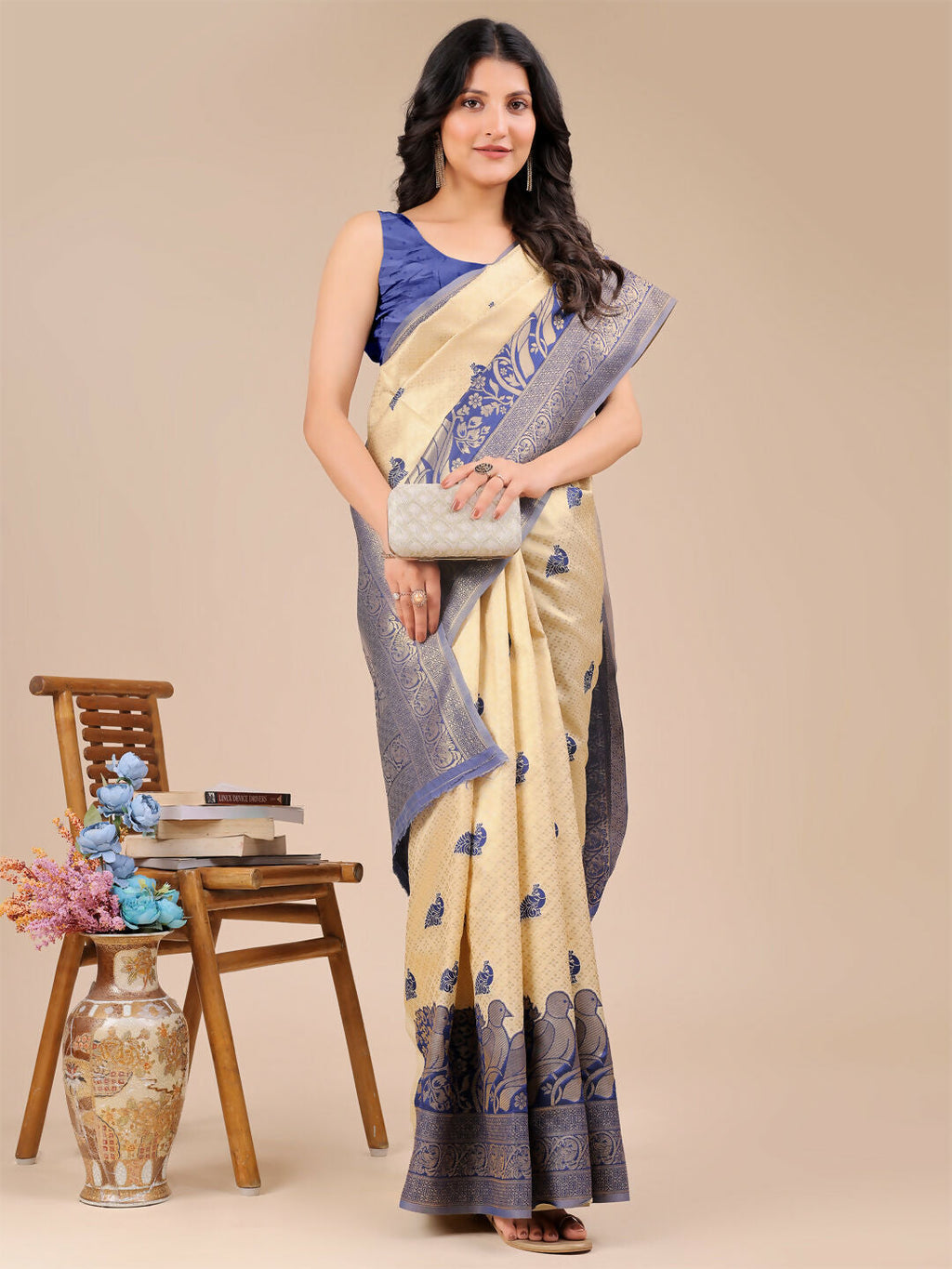 Shree Shyam Fashion Banarasi Silk Cream & Navy Blue Saree