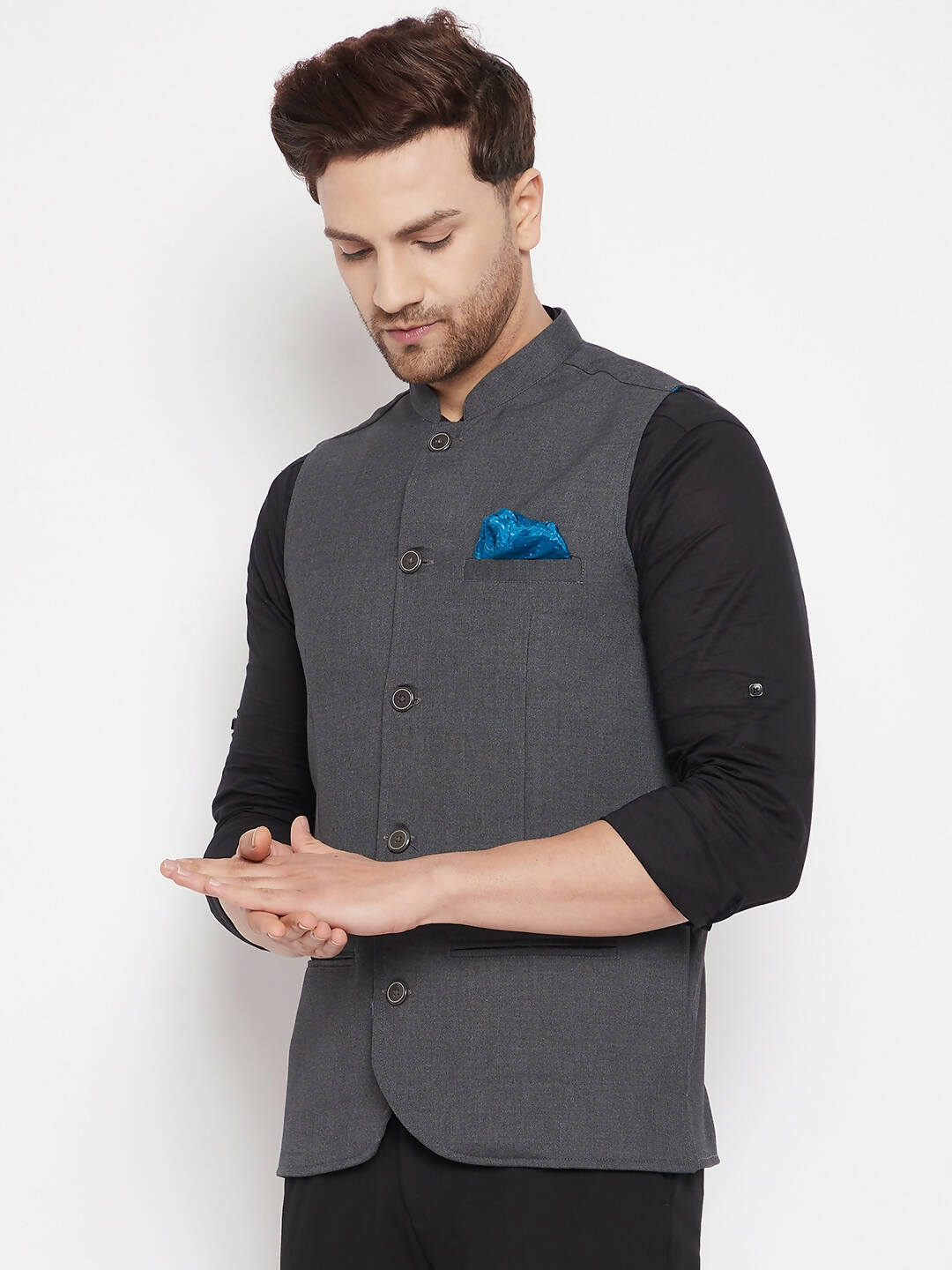 Even Apparels Grey Merino Men's Nehru Jacket-Contrast Lining-Free Pocket Square PW691