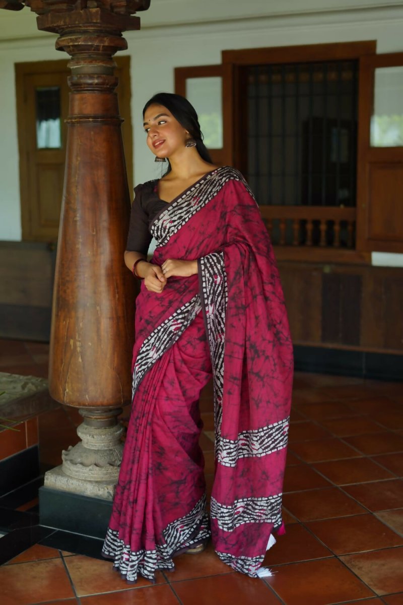 Arfa Fashion House Rani Pink Pure Chanderi Cotton Batik Printed Saree