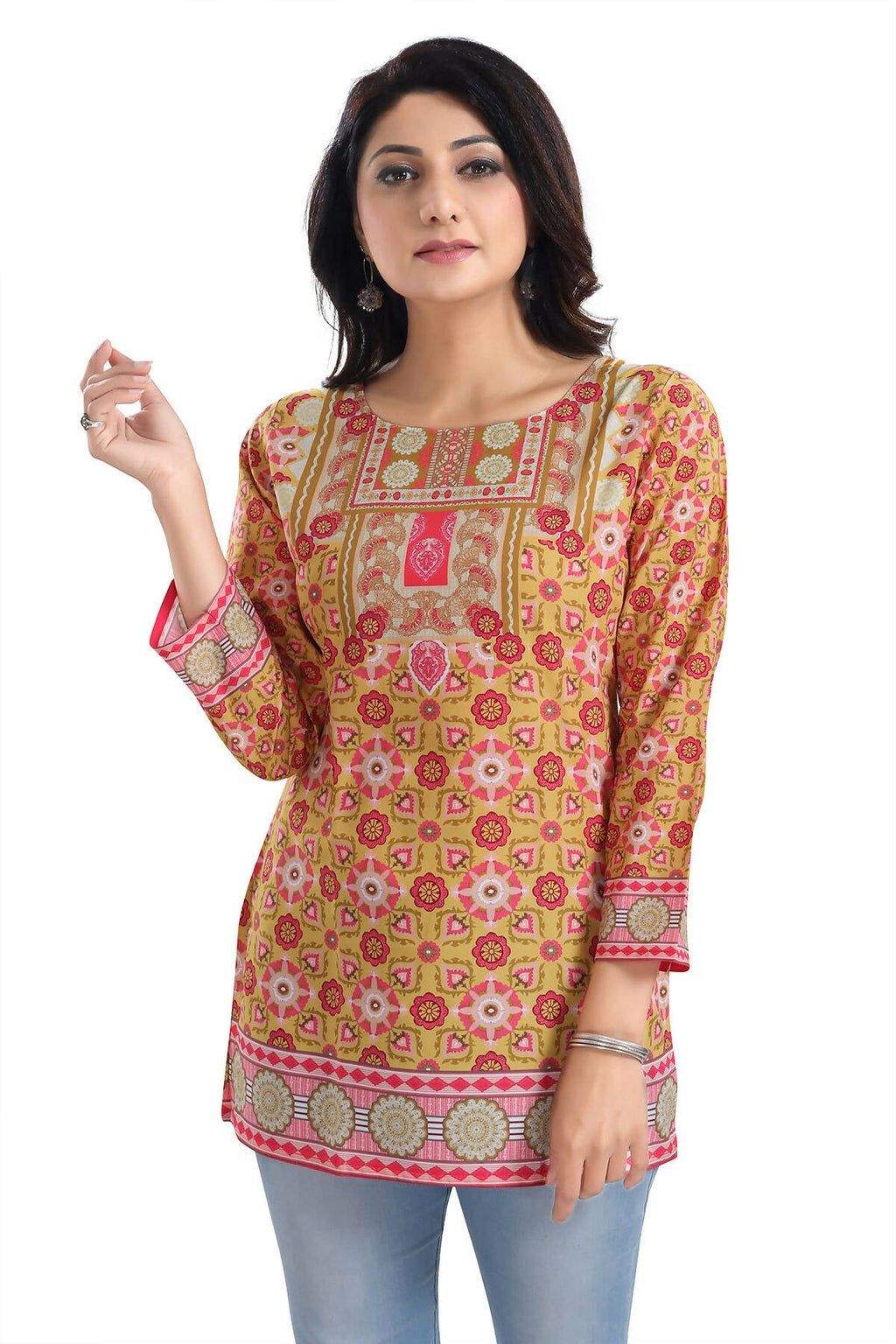Snehal Creations Yellow Faux Crepe Short Kurti Tunic Top