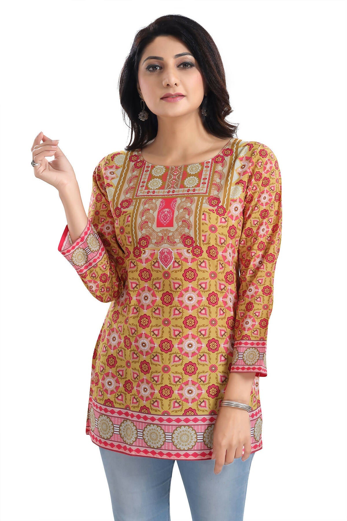 Snehal Creations Yellow Faux Crepe Short Kurti Tunic Top