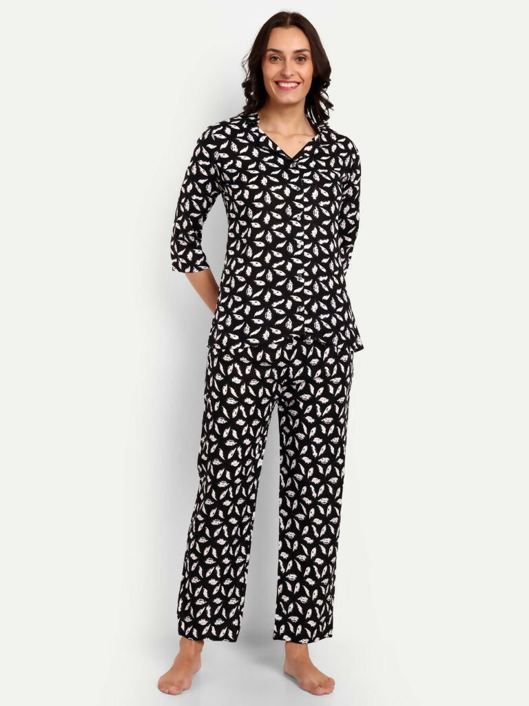 Alvano Beautiful Floral Print Co-ord set for Women's and Girls Rayon (Black)