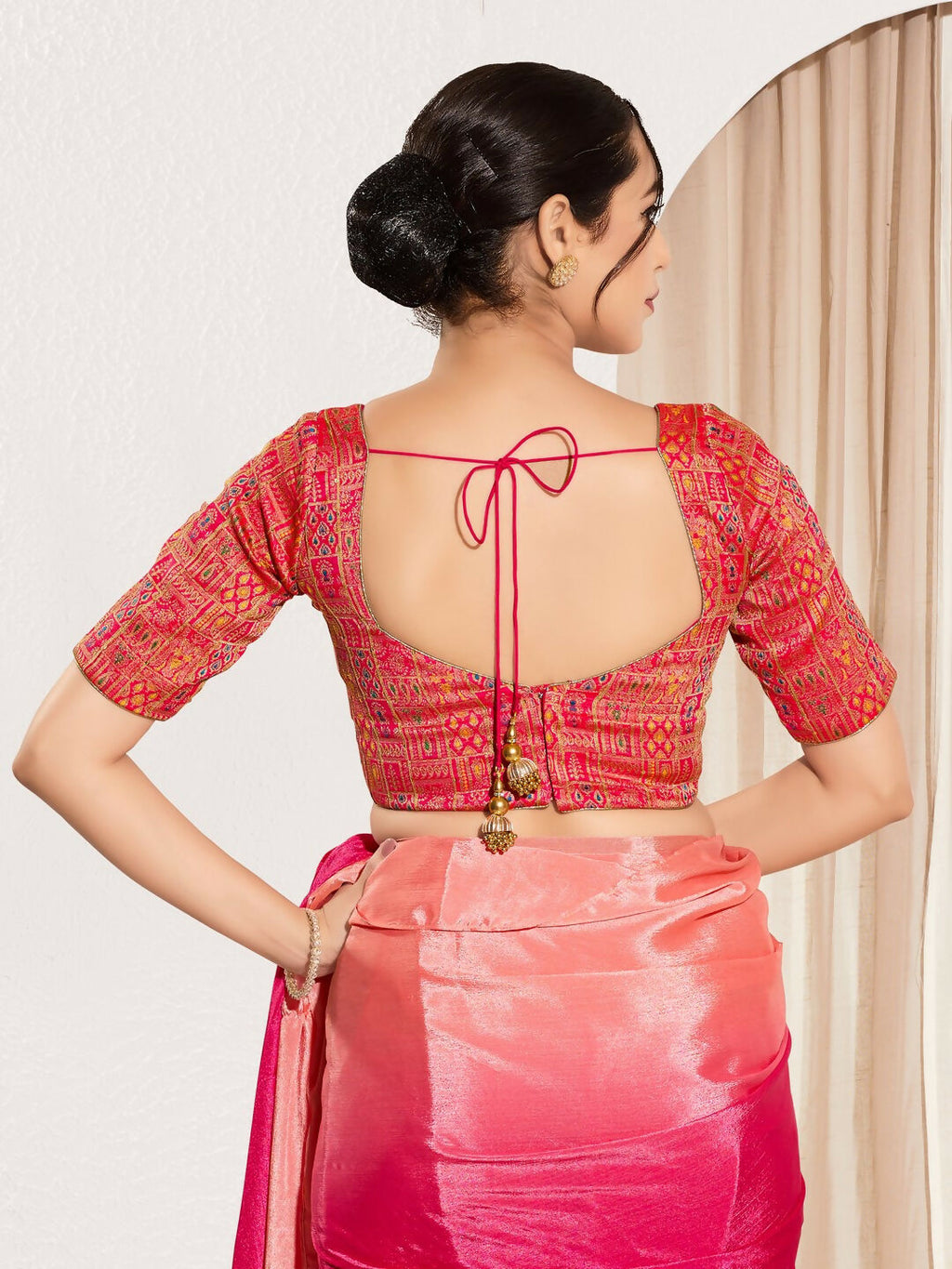 Joban Fashion Red Brocade Padded Blouse With Round Neck Elbow Sleeves
