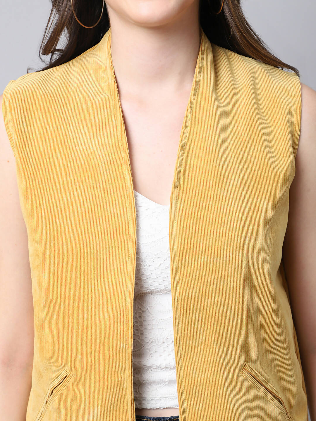 Even Apparels Mustard Polyblend Open Front Women's Waistcoat