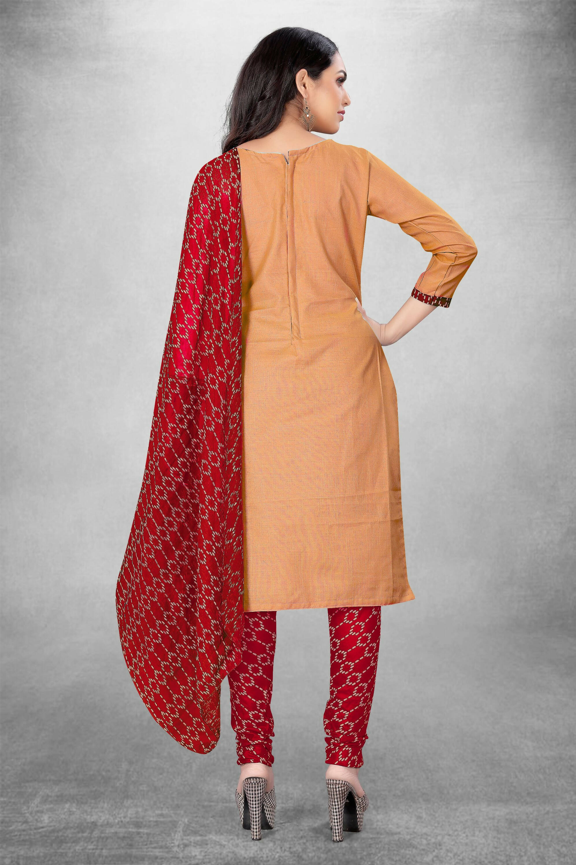 Beige Cotton Printed Unstitched Dress Material - Amara