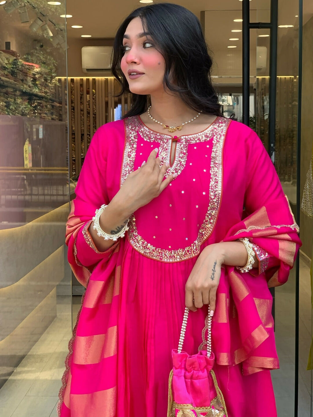 The52 Rani Women's Gorgeous Embroidered Work Chanderi Fabric Flared Kurta Pant and Dupatta Set