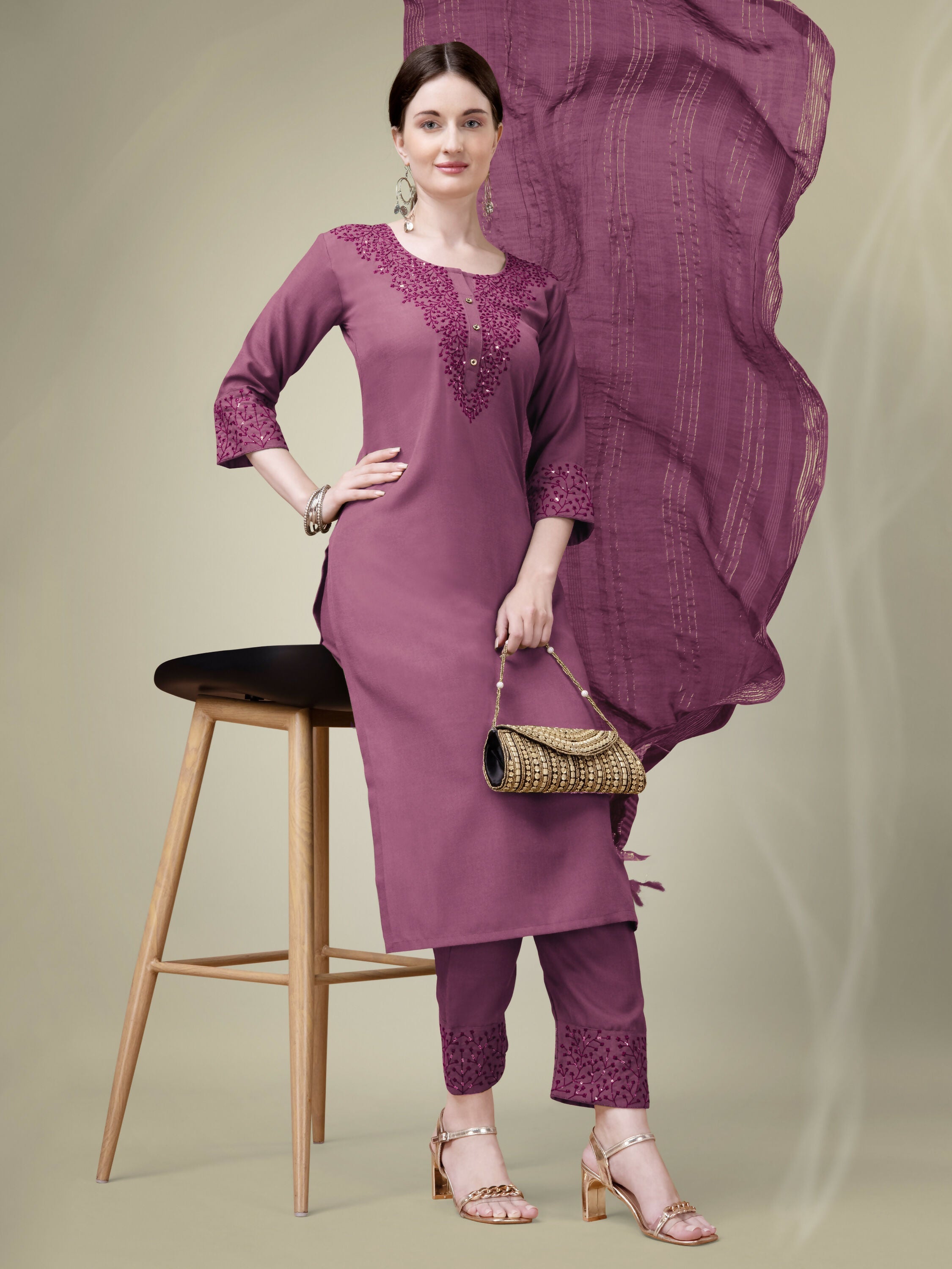Jyoti Fashion Women's Onion Cotton Blend Embroidery & Sequence work Kurta with Trouser & Dupatta