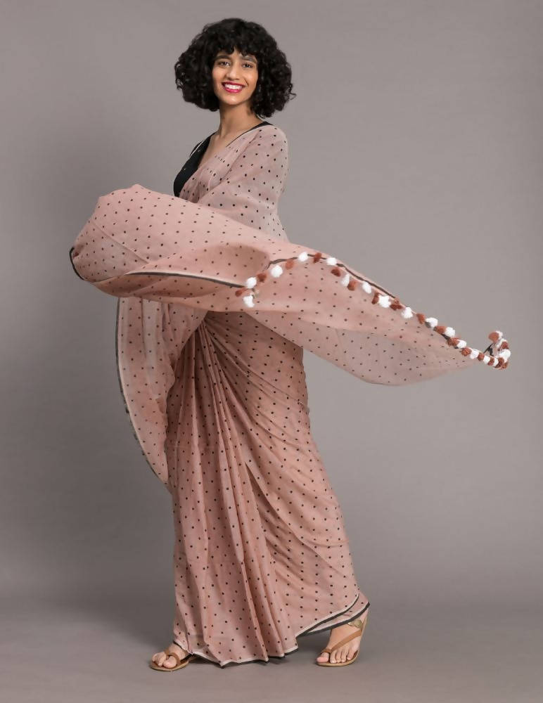 Suta Brown Black Polka Dots Printed Pure Cotton Saree