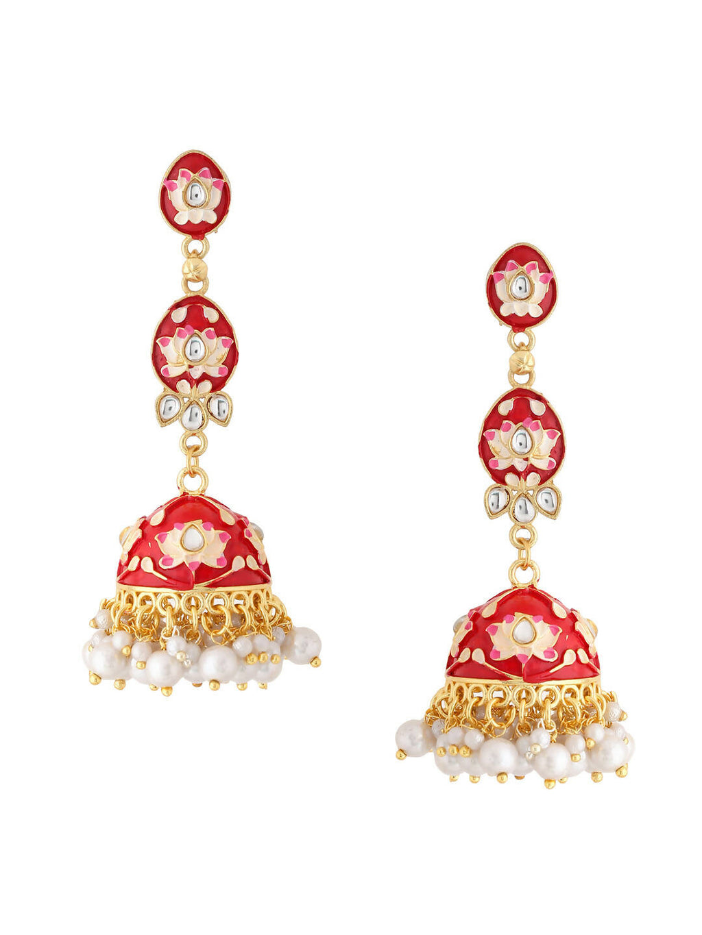 NVR Women Gold-Polished Red Kundan Jhumkas Earrings