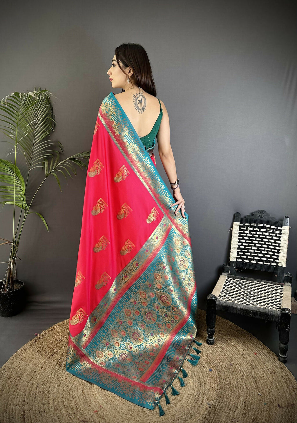 Joban Fashion Hot Pink Banarasi Soft Silk Peacock Butta Work Saree