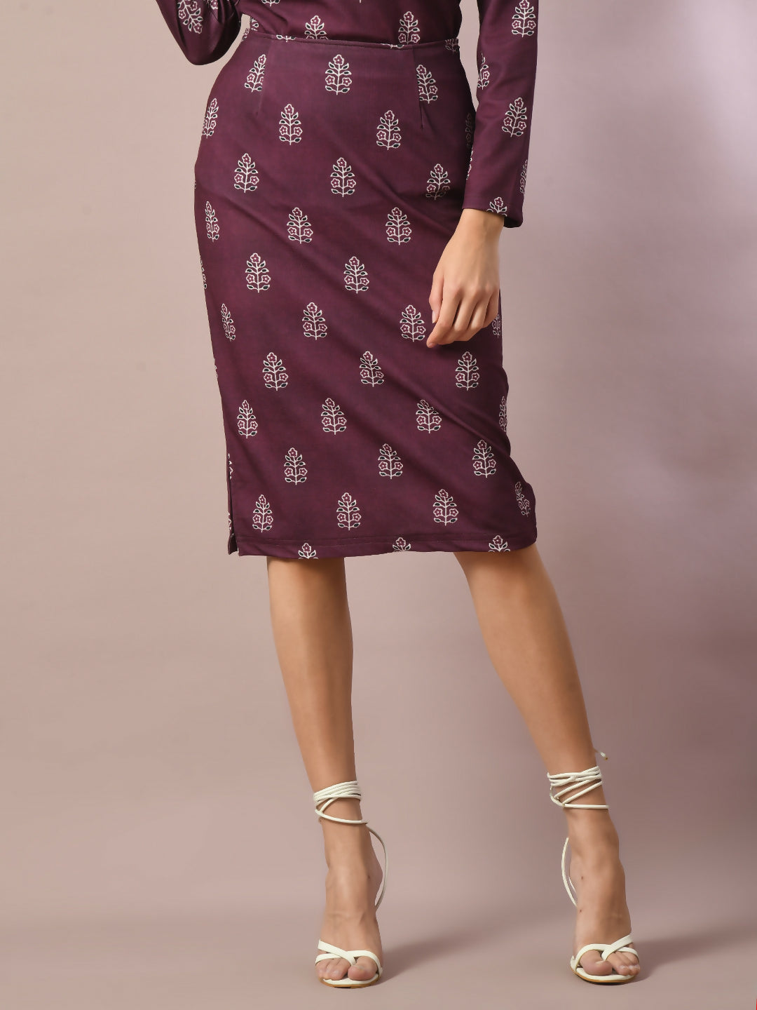 Myshka Women's Magenta Printed Round Neck Party Top With Skirt Co-ord set