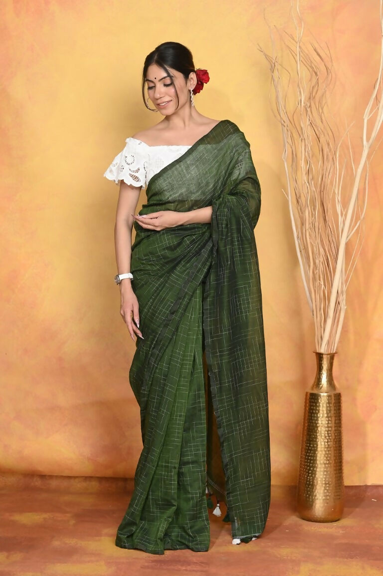 Very Much Indian Mul Cotton Khadi Design Handloom Woven Saree - Green