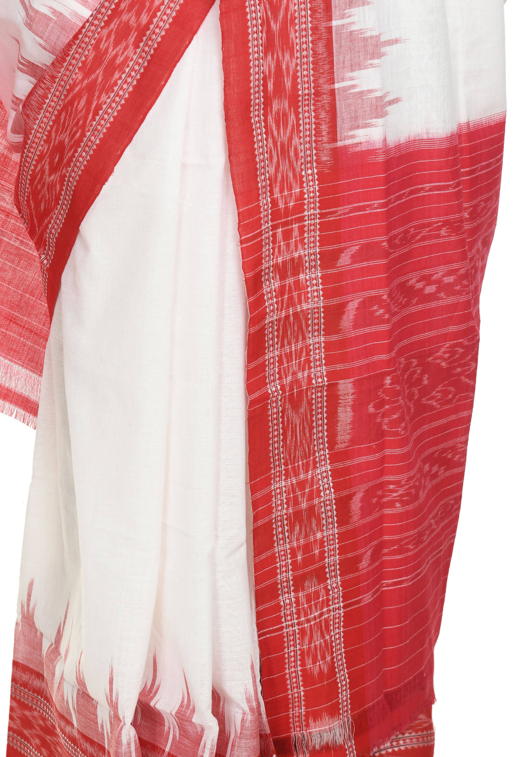 Vamika Sambalpuri Ikat Cotton Plane Kumbha White & Red Saree