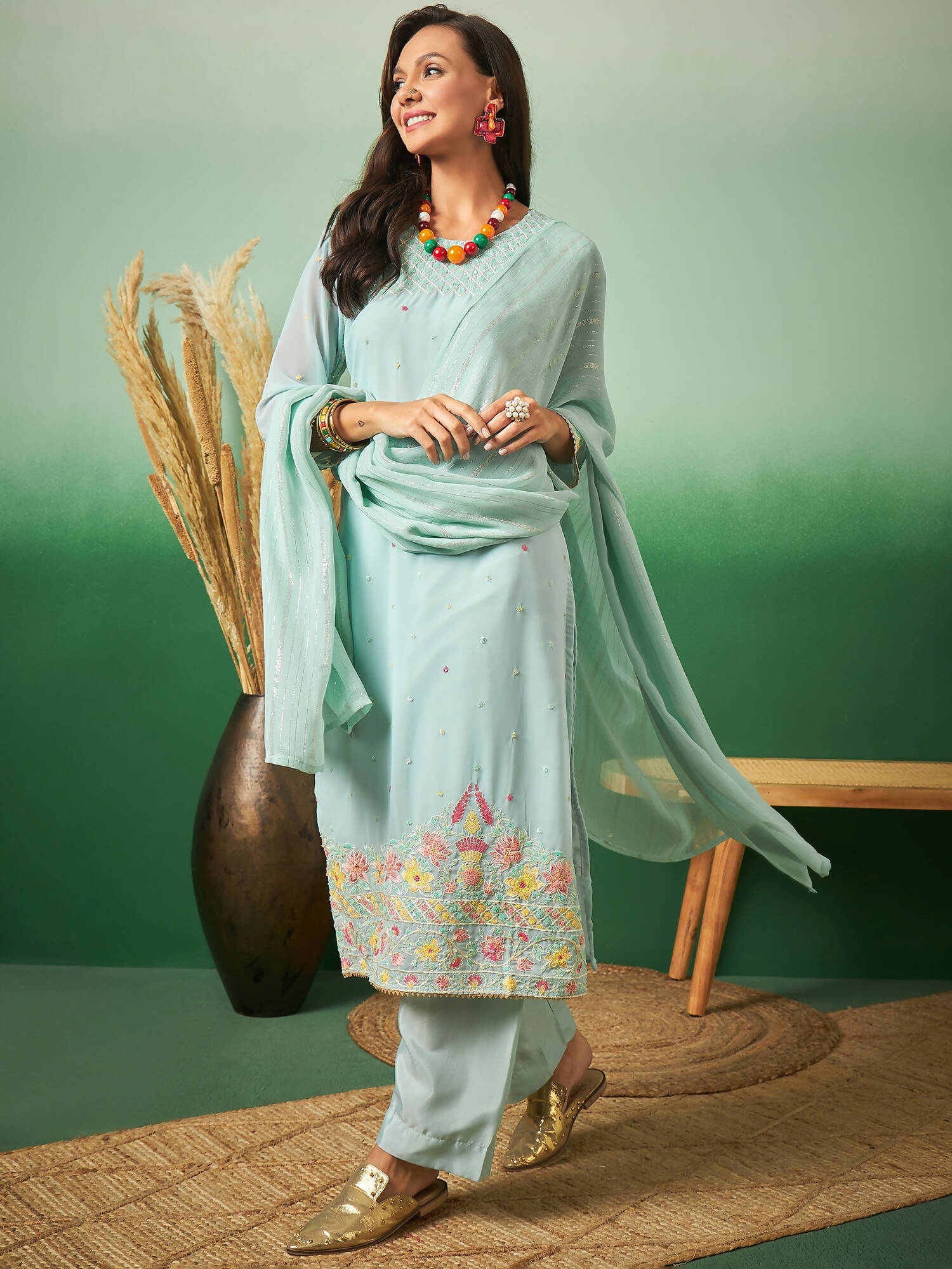 Sky Blue Georgette Handwork Unstitched Dress Material - Hanika