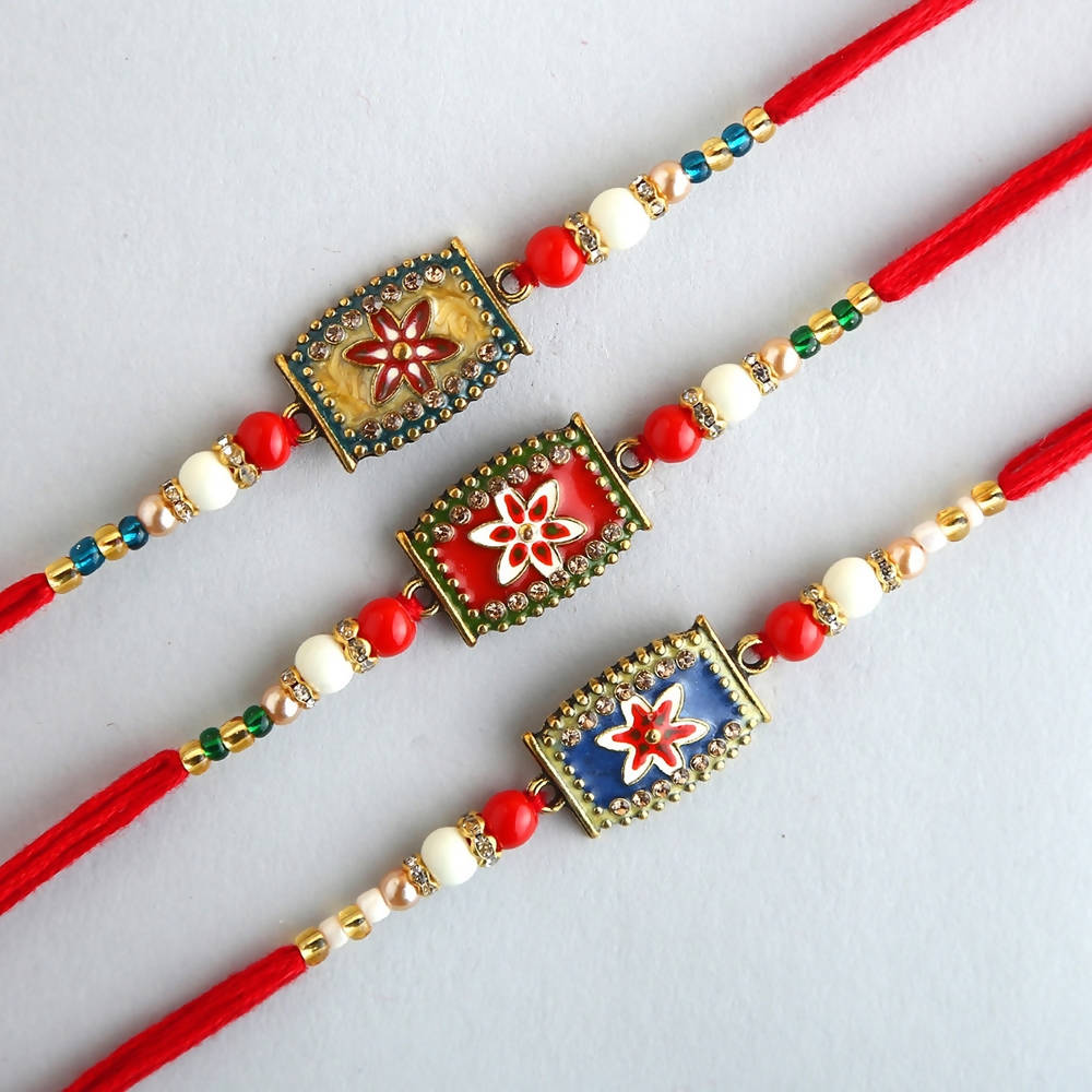 Set of 3 Meenakari Rakhi With Dry Fruits & Gulab Jamun