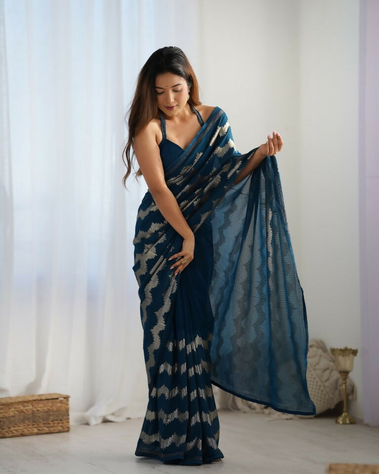 Petrol Georgette Sequance Embroidery Work Border Saree - Sitare