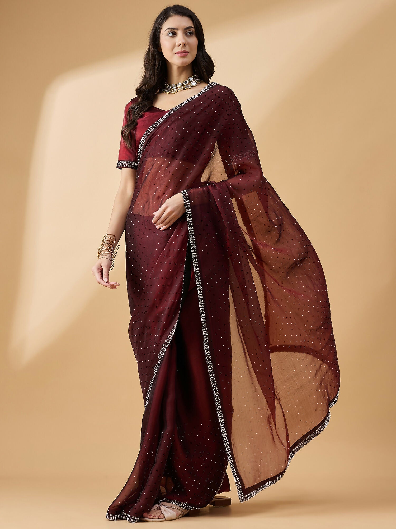 Brown Organza Swaroski Diamond Work Saree with Unstitched Blouse - Radha