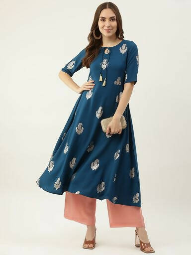 FIORRA Women's Blue Poly Crepe Flared Kurta