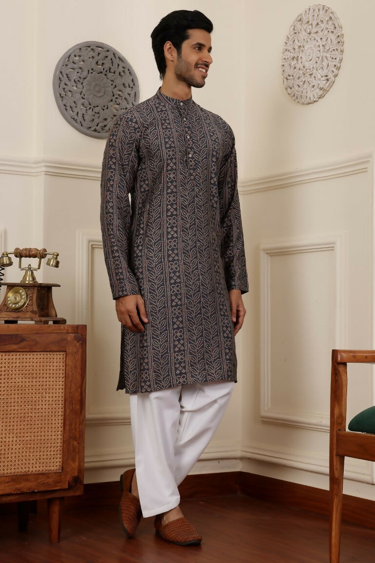 Blue Modal Silk Woven Designer Men's Rajwadi Kurta Set - Mahotsav