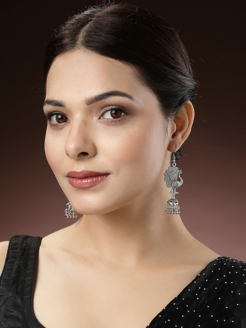 NVR Women's Silver-Toned Peacock Desing German Silver Oxidised Dome Shaped Jhumka Earrings