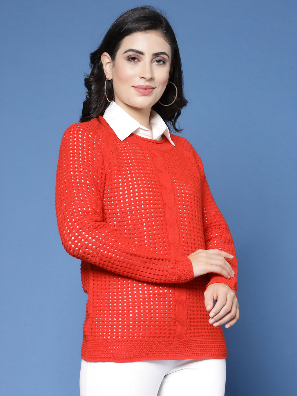 Women Pointelle Rust Acrylic Winter Sweater - Wool Trees