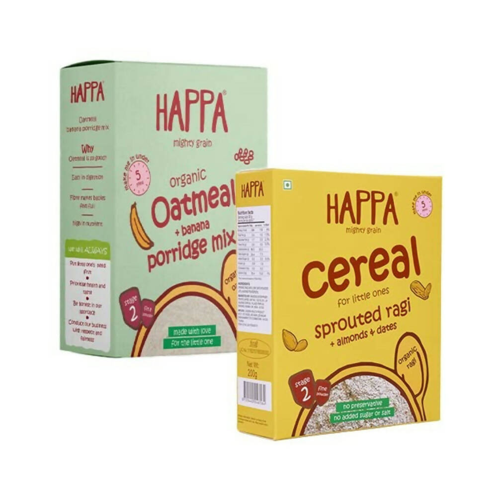 Happa Organic Baby Food Sprouted Ragi Almond Dates Porridge Mix & Oatmeal + Banana Porridge Combo